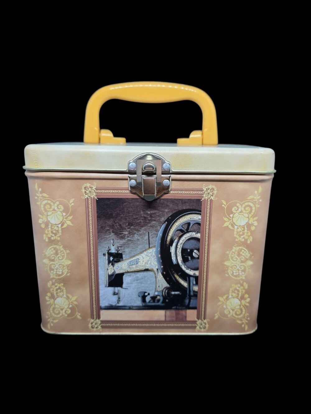 Vintage Singer Sewing Machine Tin Box with Yellow Handle